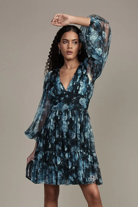 Rome Blue Floral Tulle Mini Dress Comfortable One-Shoulder Mini Dress