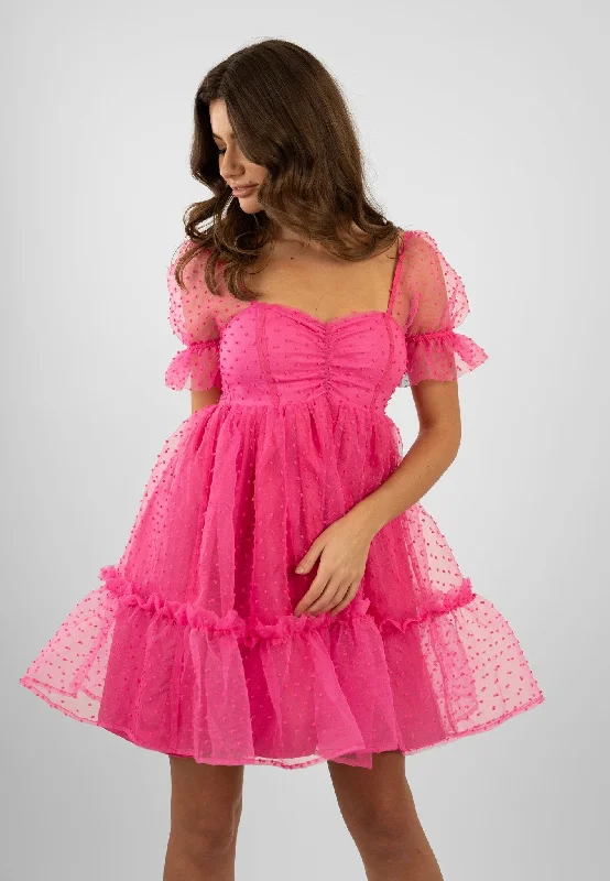 Senraha Tulle Fuchsia Mini Dress In Mesh - Fun & Flirty Cozy Long Sleeve Mini Dress