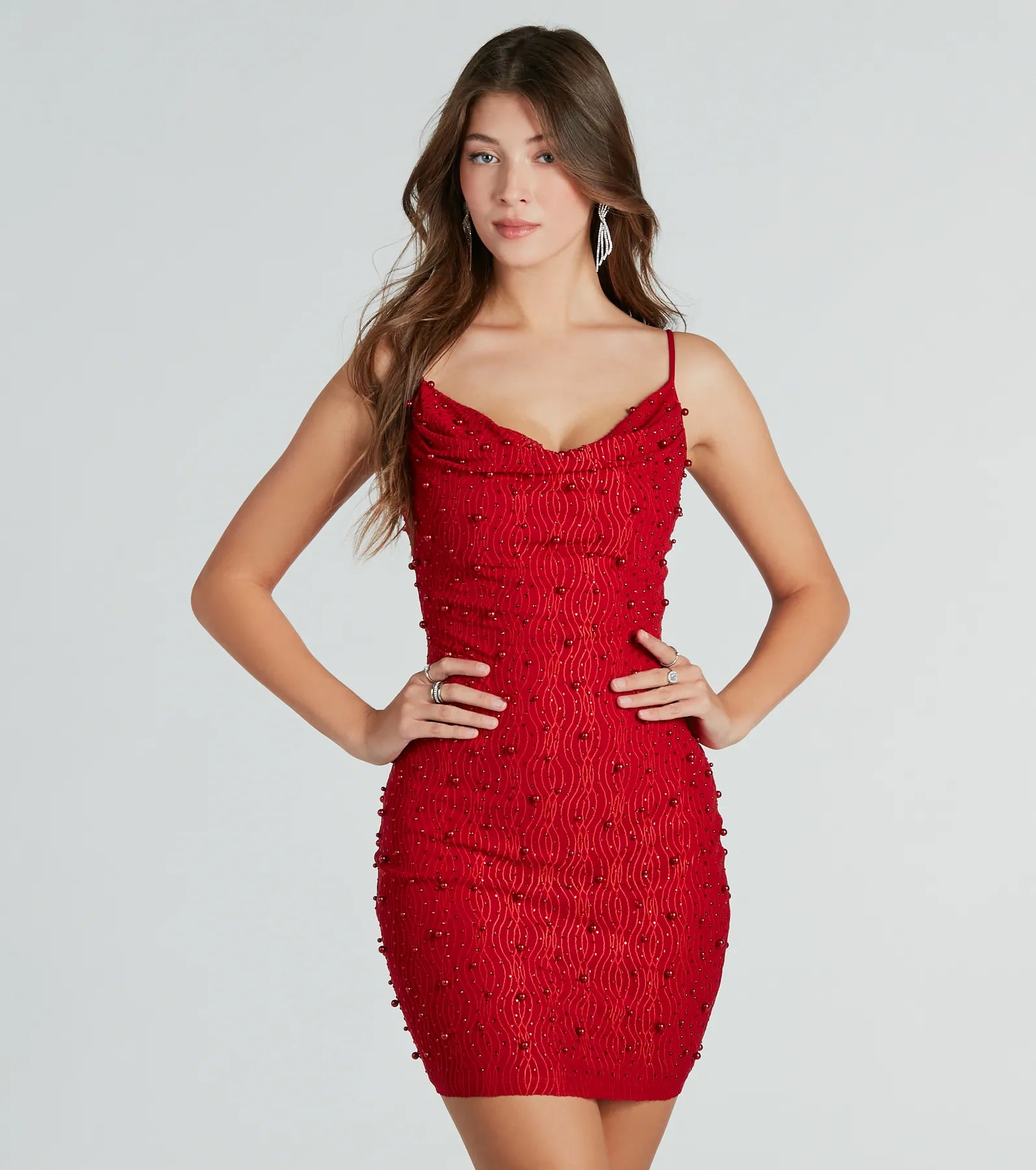 Sensuous Sultry Faux Pearl Rhinestone Mini Dress Modern Satin Mini Dress