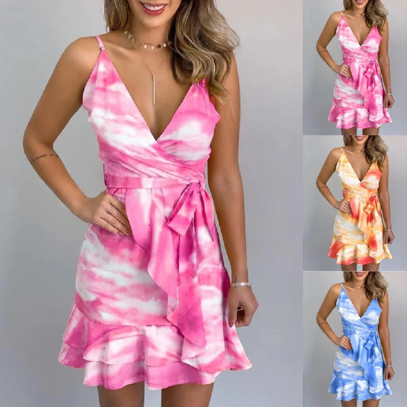 Sexy suspender tie dye printed mini dress CODE: KAR885 Stylish Ruffle Mini Dress