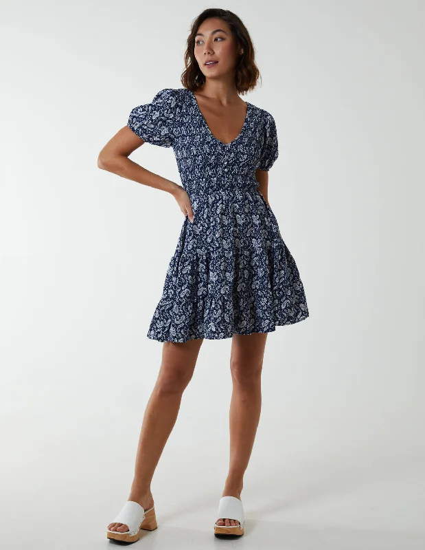 Shirred Bust Mini Dress With Puff Sleeve Elegant Floral-Print Mini Dress
