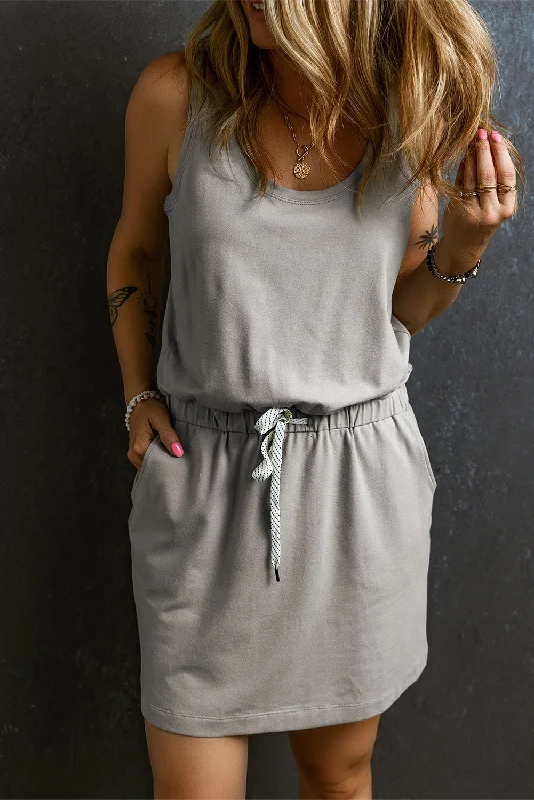 Sleeveless Drawstring Waist Mini Dress Elegant Mini Dress with Pleats