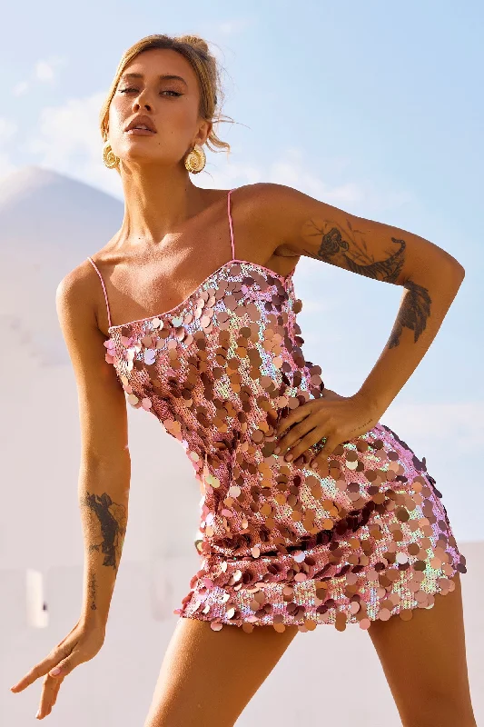 Sparks Fly Mini Dress - Pink Gold Chic Halter Mini Dress