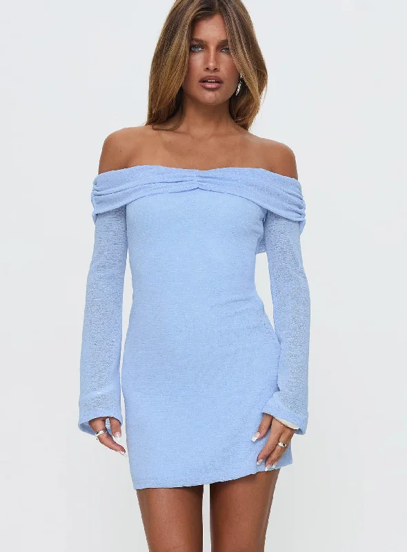 Stellaire Long Sleeve Mini Dress Blue Stylish Plaid Mini Dress