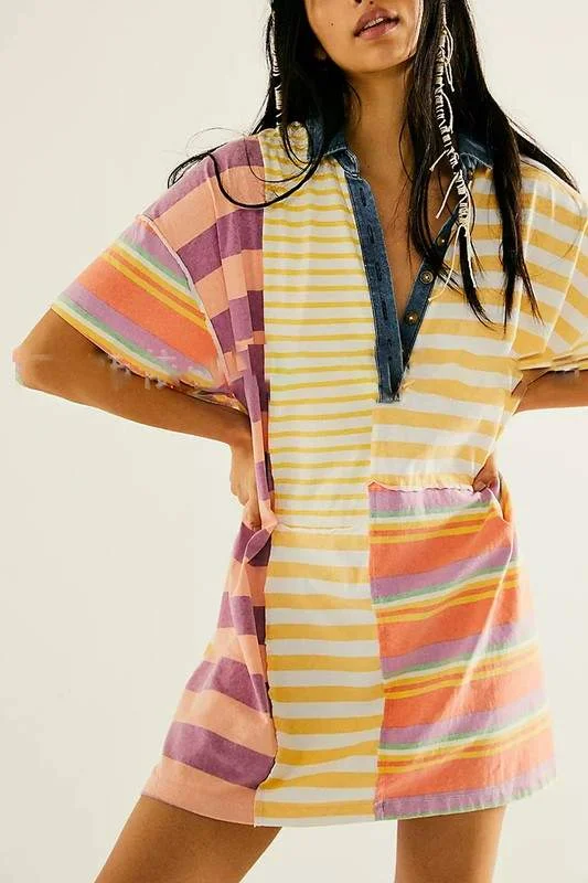 STRIPED OVERSIZED MINI DRESS Fashionable Pleated Mini Dress