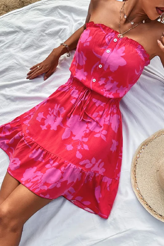 Sundress Floral Printed Sexy Dress Dress Buttons Wrap Chest Bohemian Mini Dress Trendy Tulle Mini Dress