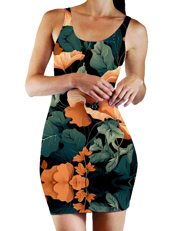 Tangerine Floral Bodycon Mini Dress Cozy Knitted Mini Dress