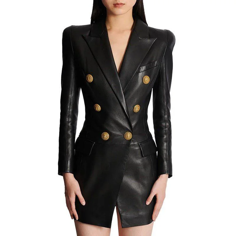 Theodora Long Sleeve Button Details Leather Mini Dress Cozy T-Shirt Mini Dress