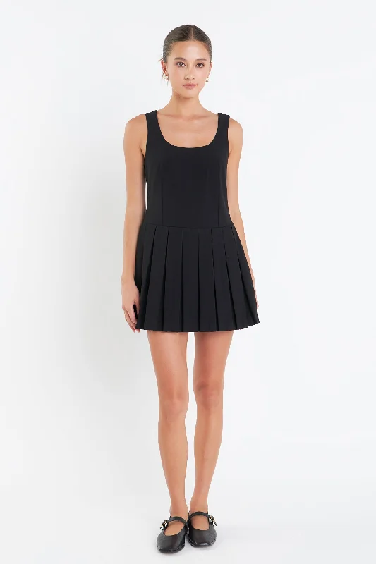 English Factory - U-Neck Pleated Sleeveless Mini Dress Elegant Lace Mini Dress