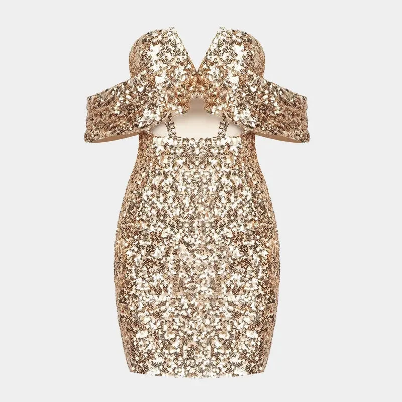 V Neck Sequined Off Shoulder Mini Dress Fashionable Party Mini Dress