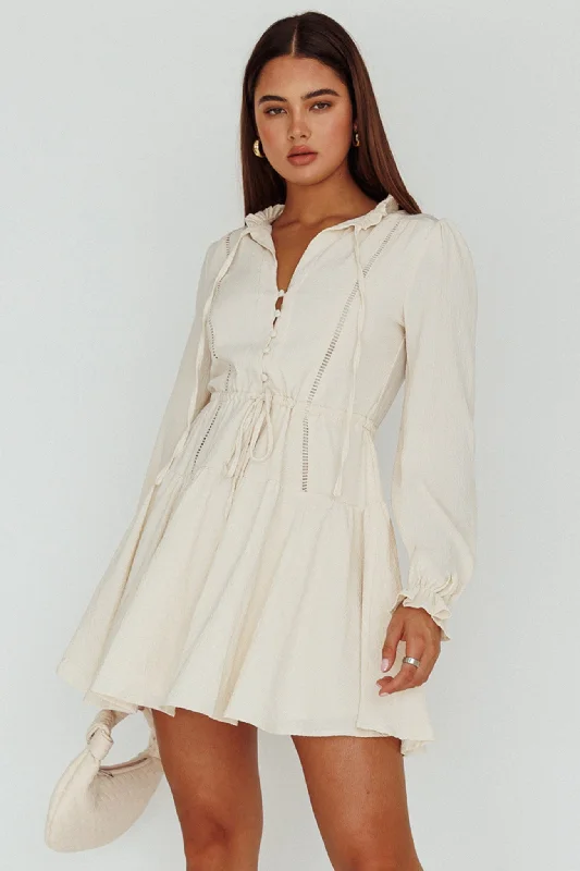 Waverly Long Sleeve Mini Dress Beige Cozy Wraparound Mini Dress