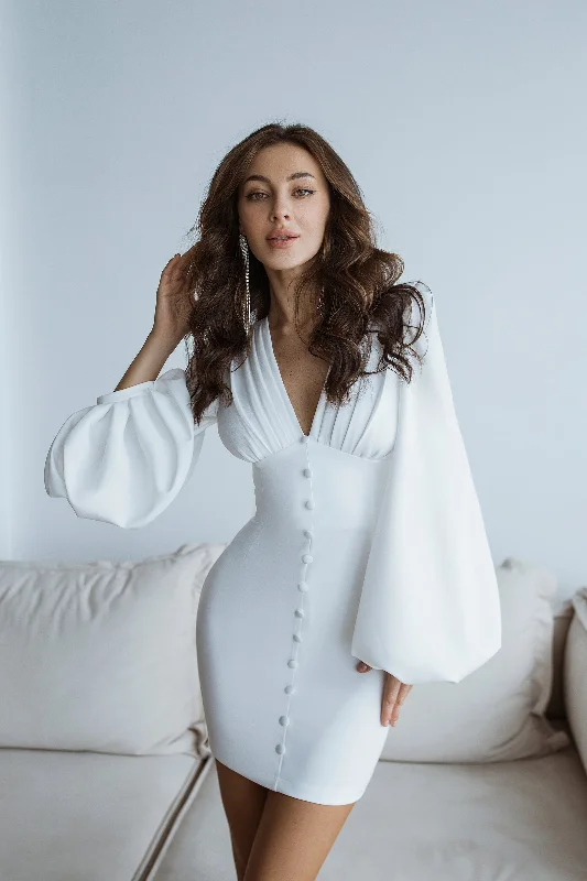 White Backless Puff Sleeve Mini Dress Trendy Button-Detail Mini Dress