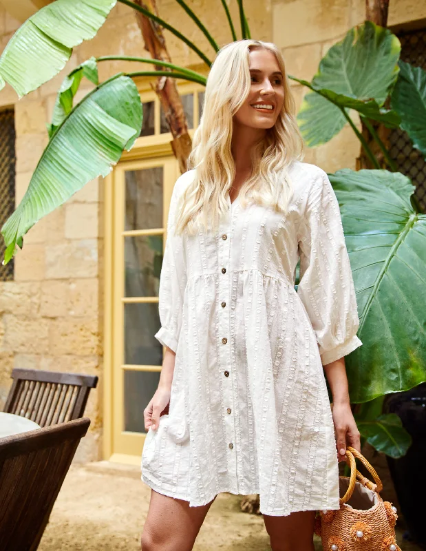 Collar Textured Button Through Mini Dress Elegant Off-Shoulder Dress Mini