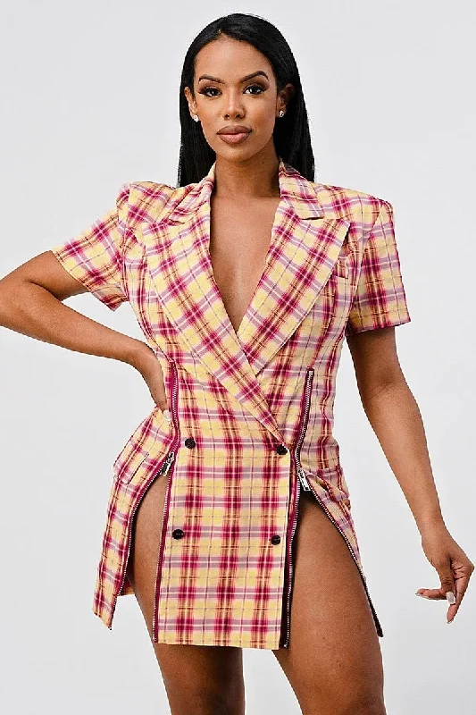Wide Collared Double Breasted Plaid Blazer Mini Dress in Pink Fashionable Boho-Chic Mini Dress Wide Collared Double Breasted Plaid Blazer Mini Dress in Pink Fashionable Boho-Chic Mini Dress