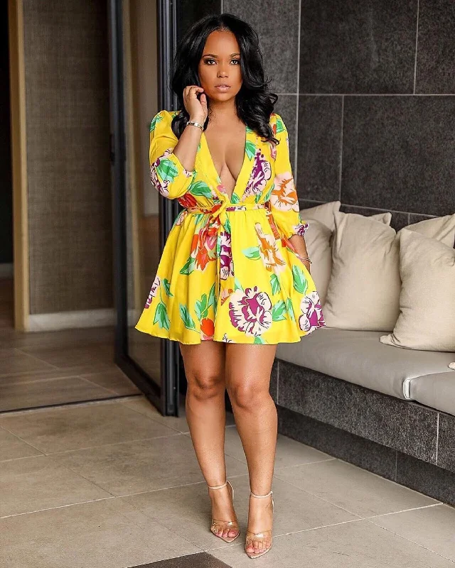 Zjkrl Women Long Sleeve Floral Flower Print Mini Dress Elegant Vintage V-neck Autumn Fall Dresses Party Club Vestidos Classic Floral Print Mini Dress