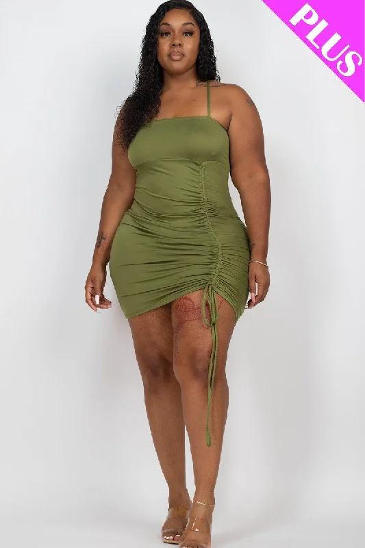Capella | Plus Adjustable Ruched Detail Curvy Mini Dress in Olive Casual Button-Up Mini Dress Capella | Plus Adjustable Ruched Detail Curvy Mini Dress in Olive Casual Button-Up Mini Dress