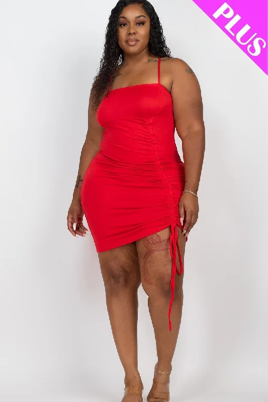 Capella | Plus Adjustable Ruched Detail Curvy Mini Dress in Red Stylish Ribbed Mini Dress Capella | Plus Adjustable Ruched Detail Curvy Mini Dress in Red Stylish Ribbed Mini Dress