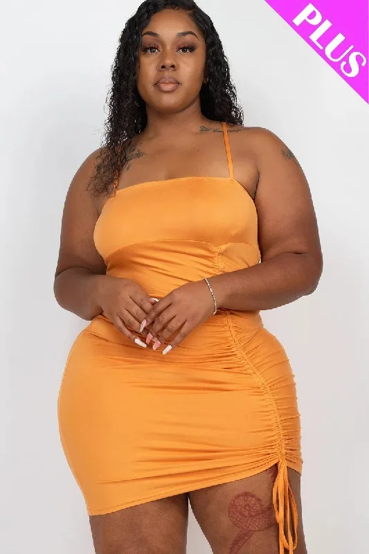 Capella | Plus Adjustable Ruched Detail Curvy Mini Dress in Tomato Cream Trendy Bodycon Mini Dress Capella | Plus Adjustable Ruched Detail Curvy Mini Dress in Tomato Cream Trendy Bodycon Mini Dress