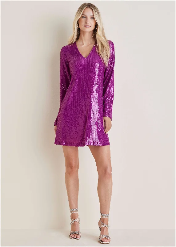 Sequin Long-Sleeve Mini Dress - Cattleya Orchid Fashionable Boho-Chic Mini Dress