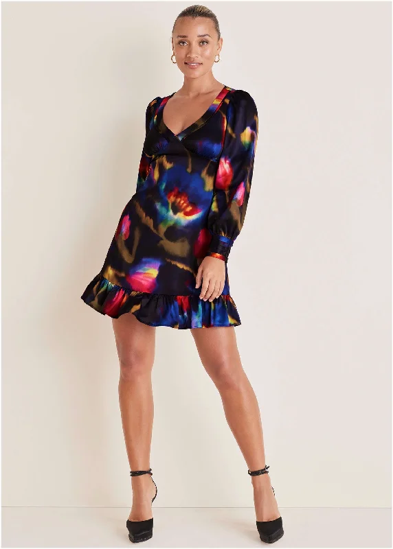 Long Sleeve Mini Dress - Watercolor Bouquet Elegant Velvet Mini Dress