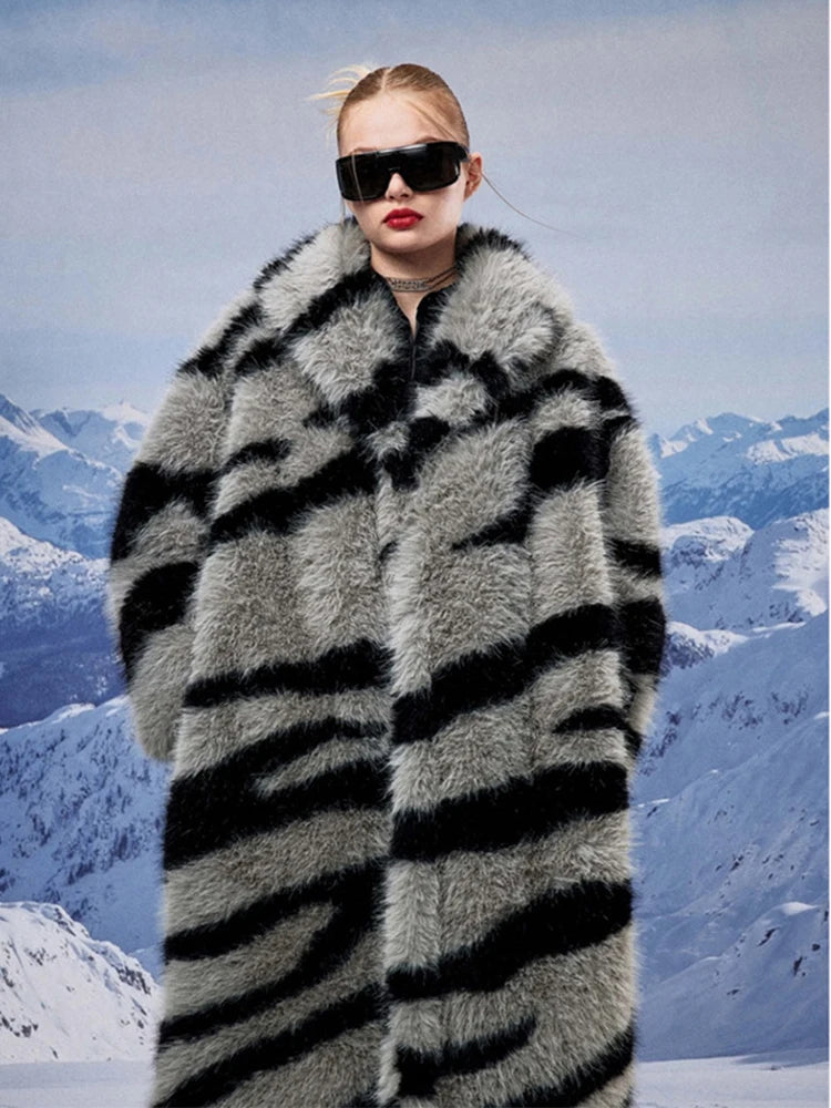 2024 Winter Vintage Thick Warm Long Faux Fur Coat Women Zebra-stripe Printed Fluffy Jacket Fur Coat Large Size Luxury Overcoat Zippered Front Buttoned Front Snap Front 2024 Winter Vintage Thick Warm Long Faux Fur Coat Women Zebra-stripe Printed Fluffy Jacket Fur Coat Large Size Luxury Overcoat Zippered Front Buttoned Front Snap Front