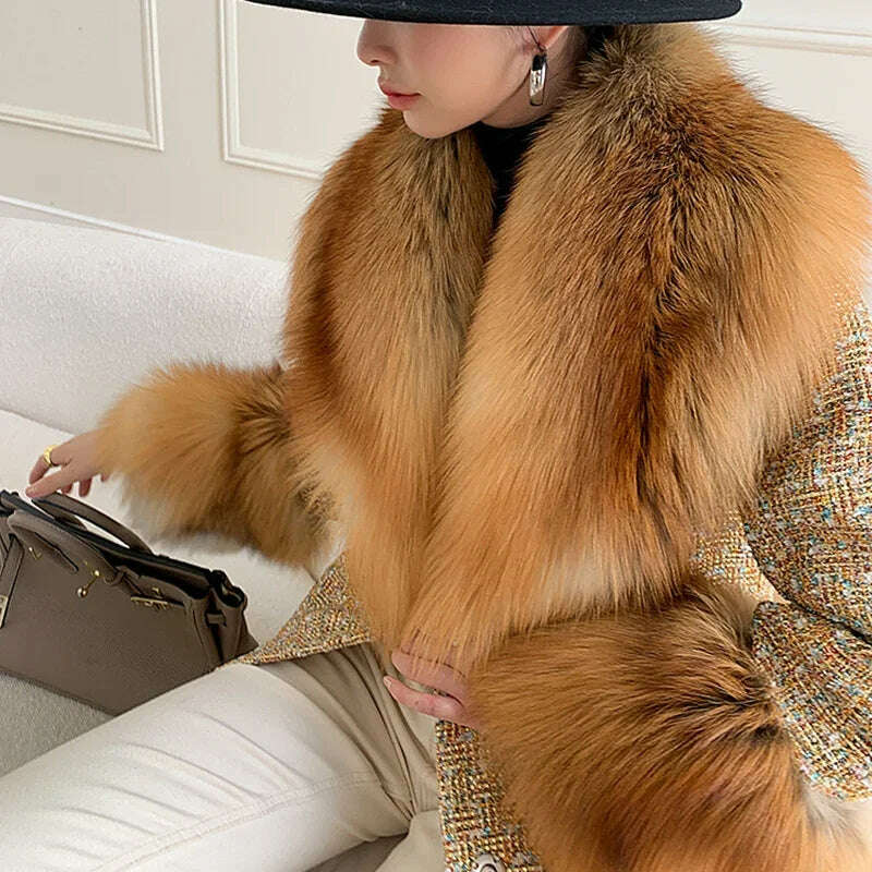 2024 Winter Women Wool Blends Long Coat Real Red Fox Fur Collar Cuffs Thick Warm Jacket Tweed Plaid New Luxury Female Coat Ribbed Jacket Pleated Jacket Ruffled Jacket 2024 Winter Women Wool Blends Long Coat Real Red Fox Fur Collar Cuffs Thick Warm Jacket Tweed Plaid New Luxury Female Coat Ribbed Jacket Pleated Jacket Ruffled Jacket