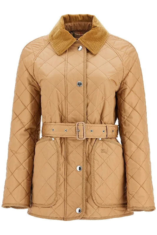 Quilted Jacket With Belt Pen  - Beige Front Pockets Side Pockets Patch Pockets
