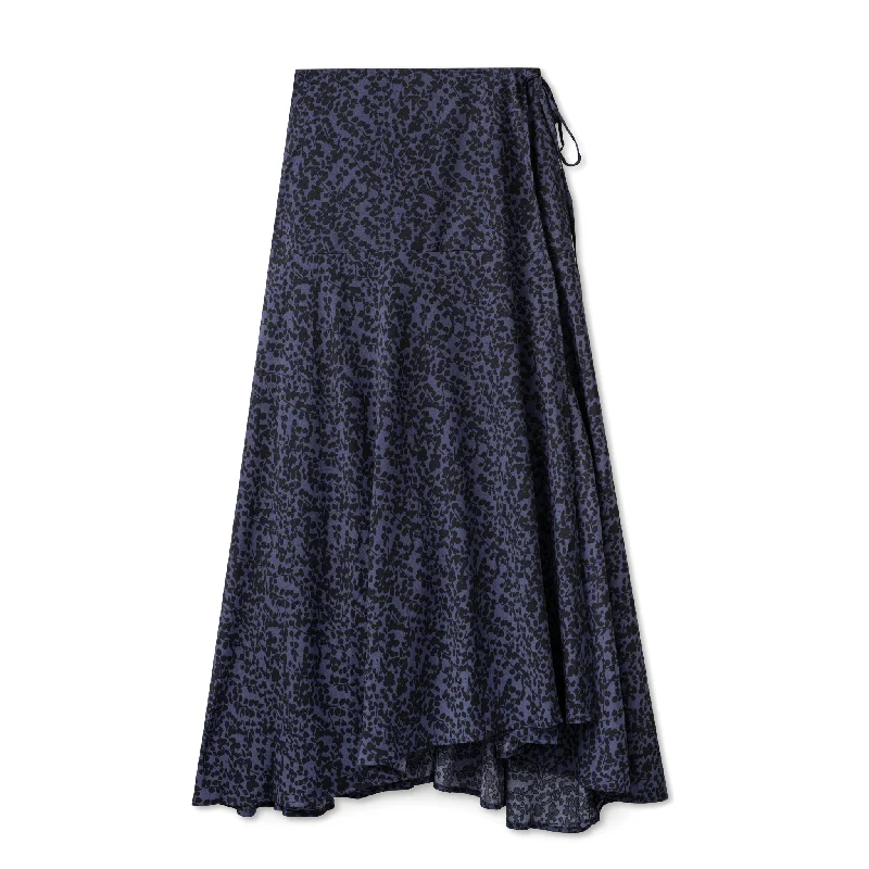 Wrap High Low Skirt IN: Blue Black Print ruffled skirt detail