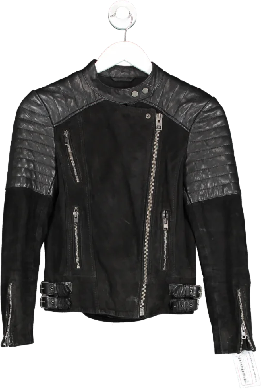 All Saints Black Suede & Leather Biker Jacket UK 4 Notch Collar Peter Pan Collar Cowl Neck All Saints Black Suede & Leather Biker Jacket UK 4 Notch Collar Peter Pan Collar Cowl Neck