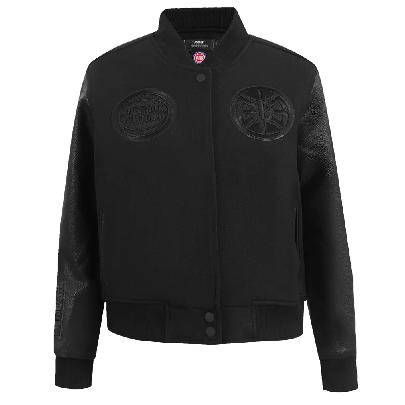 NBA DETROIT PISTONS TRIPLE BLACK WOMEN'S WOOL VARSITY JACKET (TRIPLE BLACK) V-Neck Jacket Boat Neck Jacket Square Neck Jacket NBA DETROIT PISTONS TRIPLE BLACK WOMEN'S WOOL VARSITY JACKET (TRIPLE BLACK) V-Neck Jacket Boat Neck Jacket Square Neck Jacket