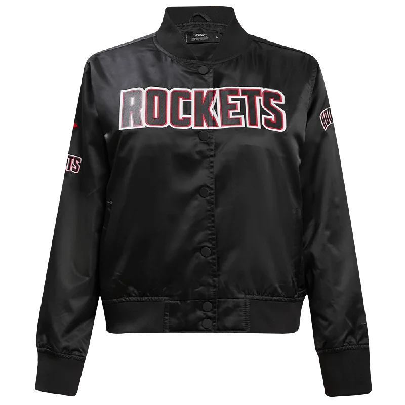 NBA HOUSTON ROCKETS CLASSIC WOMEN'S SATIN JACKET (BLACK) Notch Collar Peter Pan Collar Cowl Neck NBA HOUSTON ROCKETS CLASSIC WOMEN'S SATIN JACKET (BLACK) Notch Collar Peter Pan Collar Cowl Neck