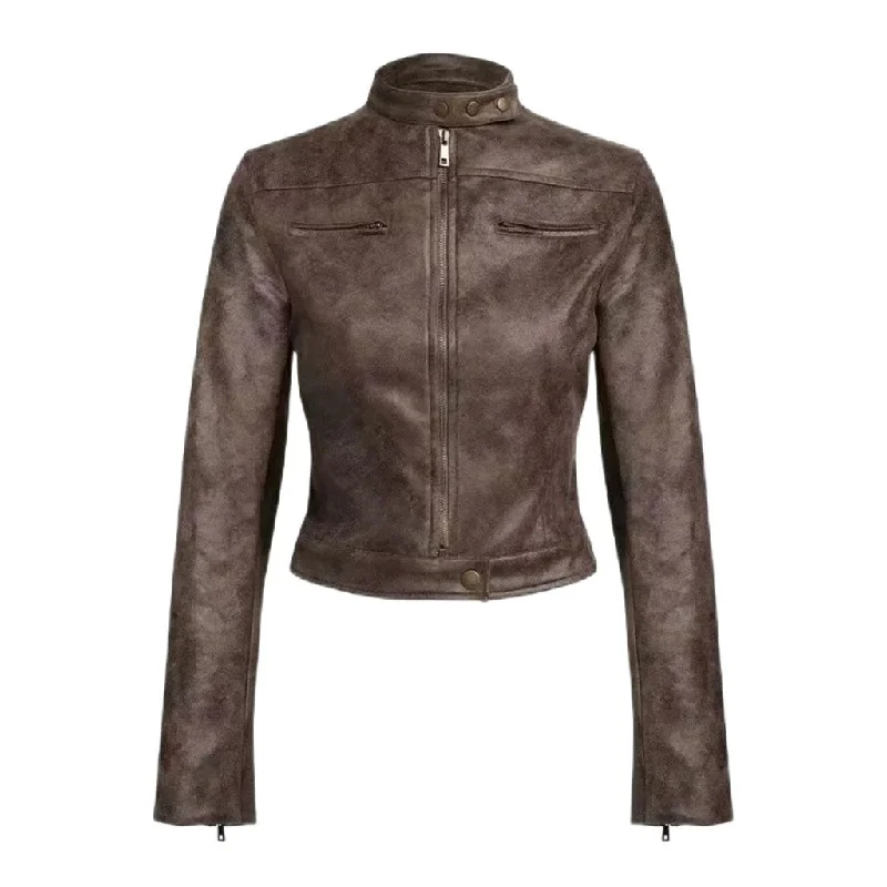 Biker Buttoned Mock Neck Zip Up Distressed Crop Vegan Leather Jacket Striped Jacket Polka Dot Jacket Floral Jacket