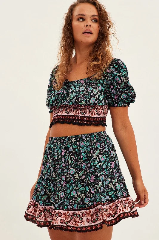 Black Boho Mini Skirt High Waist Tiered leather skirt sleek