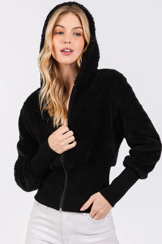 BLACK FAUX TERRY FUR ZIP UP BOMBER HOODIE JACKET SOIN2058T Welt Pockets Slit Pockets Flap Pockets BLACK FAUX TERRY FUR ZIP UP BOMBER HOODIE JACKET SOIN2058T Welt Pockets Slit Pockets Flap Pockets