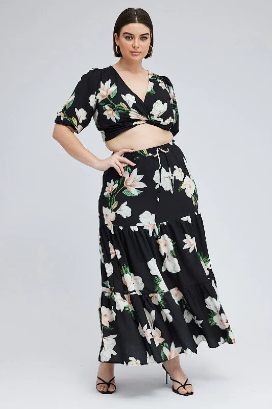 Black Floral Elastic Waist Maxi Skirt lace skirt intricate