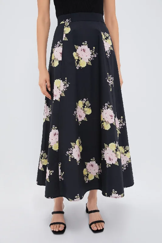 Black Posy Poplin Maxi Skirt corduroy skirt durable