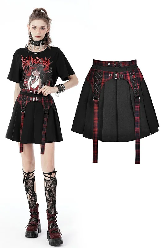 Black red punk rock double buckle pleated skirt KW239 elastic waist skirt