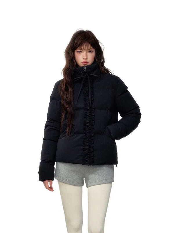 Black Ruffled Short Down Jacket Embroidered Jacket Appliqued Jacket Beaded Jacket