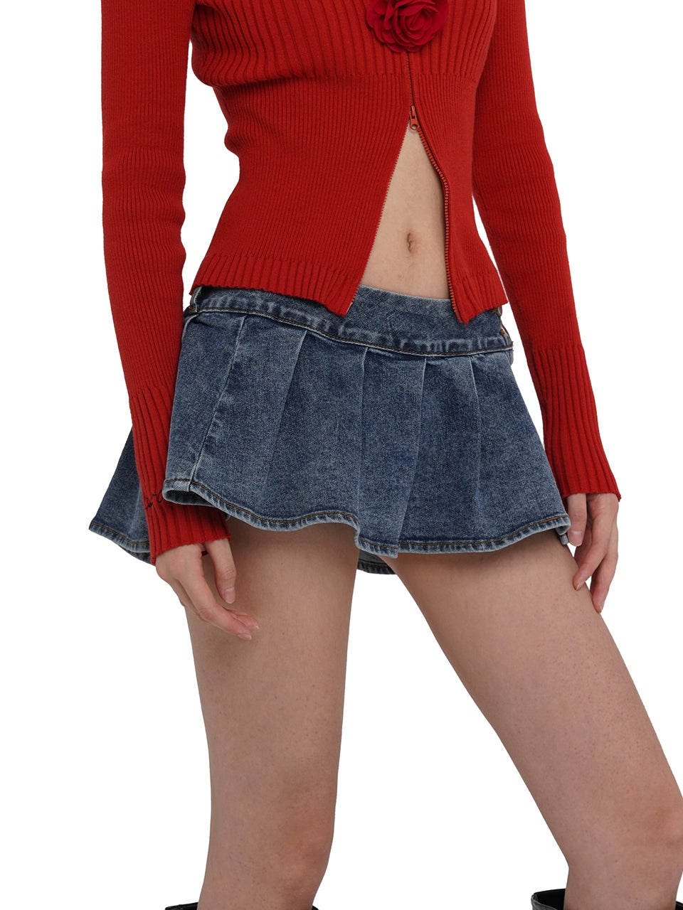 Blue A-line Pleated Mini Skirt ruffled skirt detail