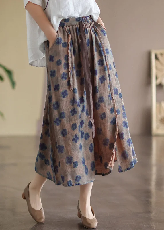 Bohemian Khaki Elastic Waist Print Linen Skirts Summer maxi skirt elegant