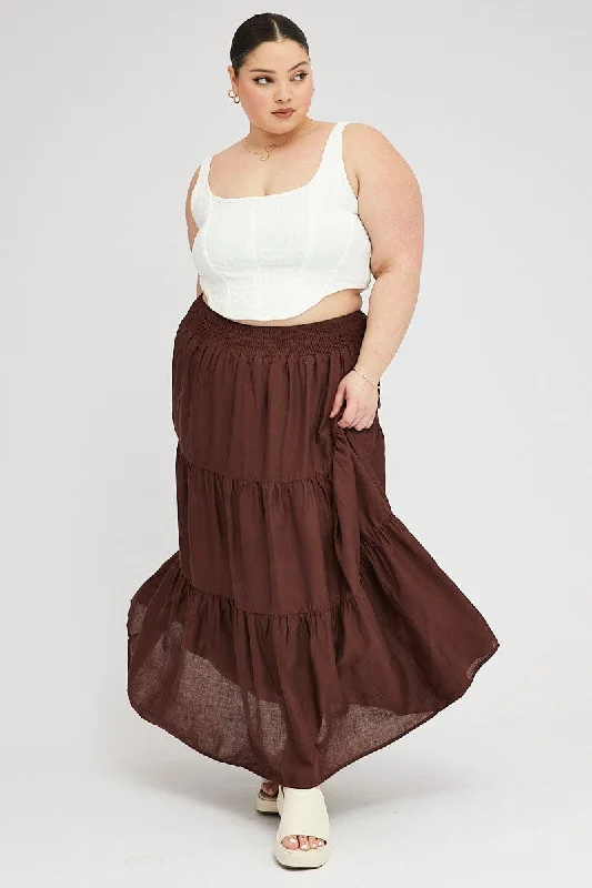 Brown Maxi Skirt Shirred Waist Tiered corduroy skirt cozy