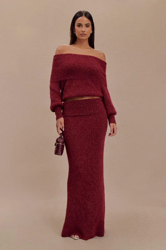 Charlotte Knit Maxi Skirt With Overlay - Merlot leather skirt refined