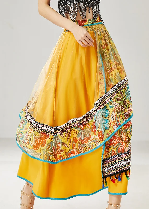 Chic Yellow Tasseled Patchwork Tulle Skirt Summer cashmere skirt soft