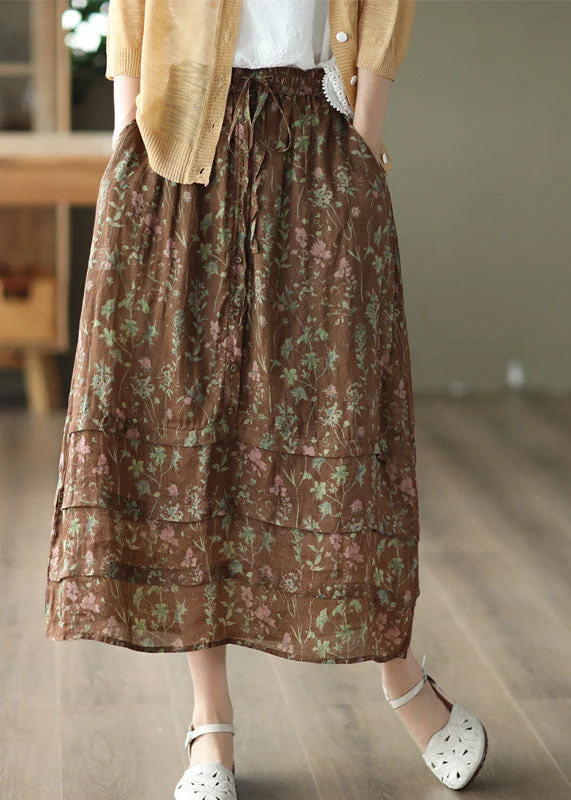 Chocolate Print Linen Skirt Wrinkled Pockets Tie Waist Summer wool skirt breathable