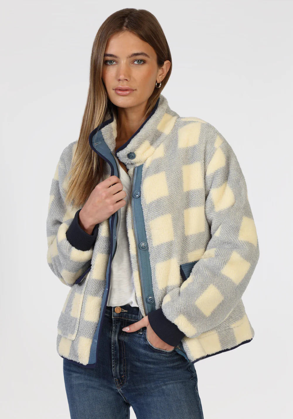 Cozy Plaid Jacket - Denim Welt Pockets Slit Pockets Flap Pockets