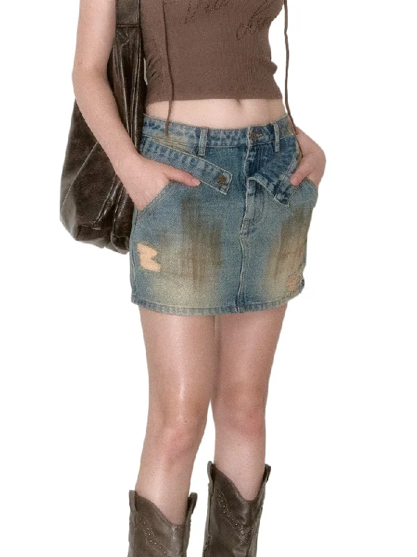 Denim Blue Distressed A-line Skirt corduroy skirt durable