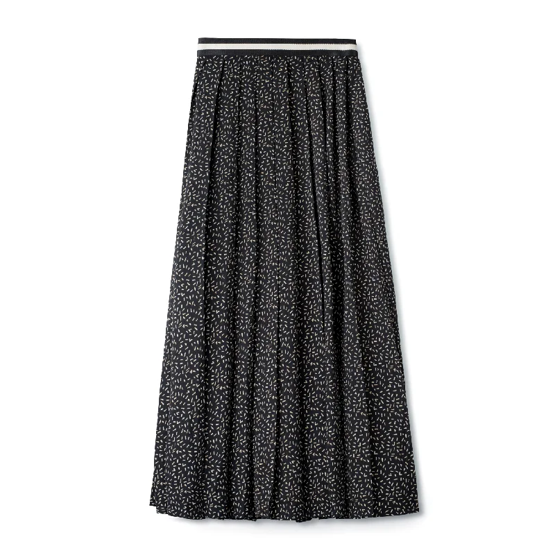 Pleated Contrast Waist Skirt IN: Black Print linen skirt natural