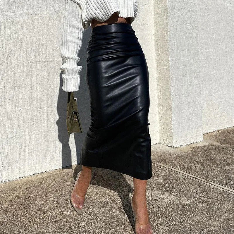 Elegant Office Lady Fashion Ruched PU Leather Slim High Waist Skirt seamless skirt comfort