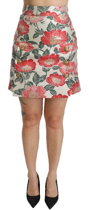 Dolce & Gabbana Elegant White Floral High Waist Skirt linen skirt relaxed
