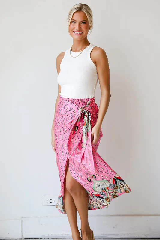 FINAL SALE - Exceptional Attitude Pink Satin Wrap Midi Skirt high waist skirt